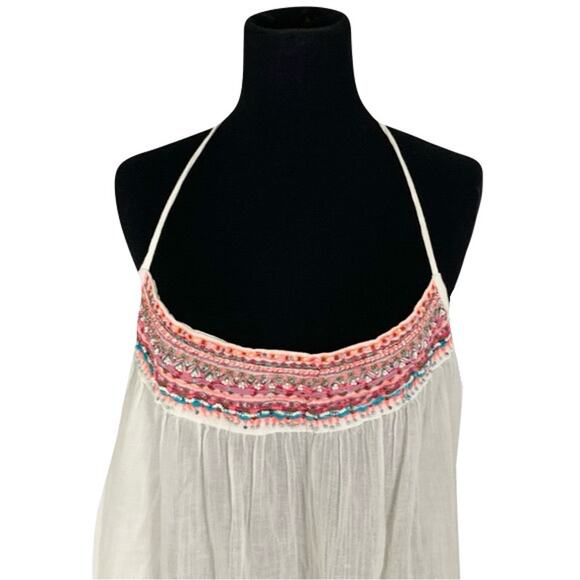 NWOT STAR MELA DRESS S Ivory Gauze Colorful Embroidery Beaded Ruched - Picture 4 of 8